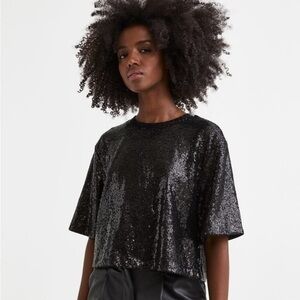 H&M Black Sequin Tee Size Med Night Out Holiday Party Glam Trendy Statement Sz M